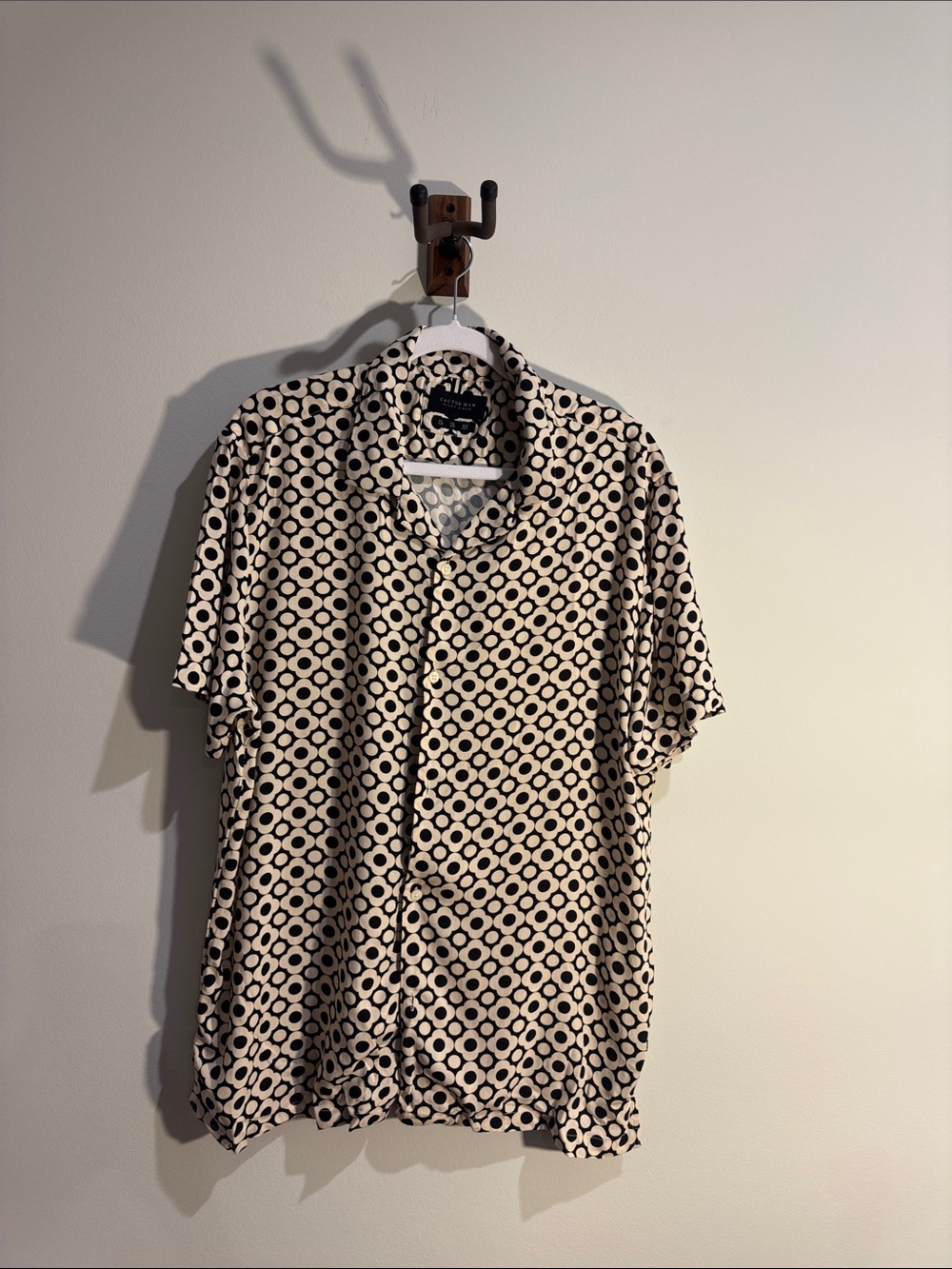 Short-Sleeve Button-Down Shirt in Cream with Black Circle Print